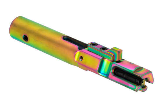 The Guntec USA 9mm AR Bolt carrier assembly features a rainbow physical vapor deposition finish